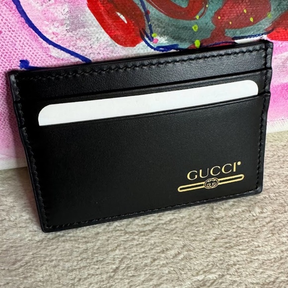 🌟Gucci Black Leather Card Holder w/Gold Logo Print🌟 - Picture 1 of 4